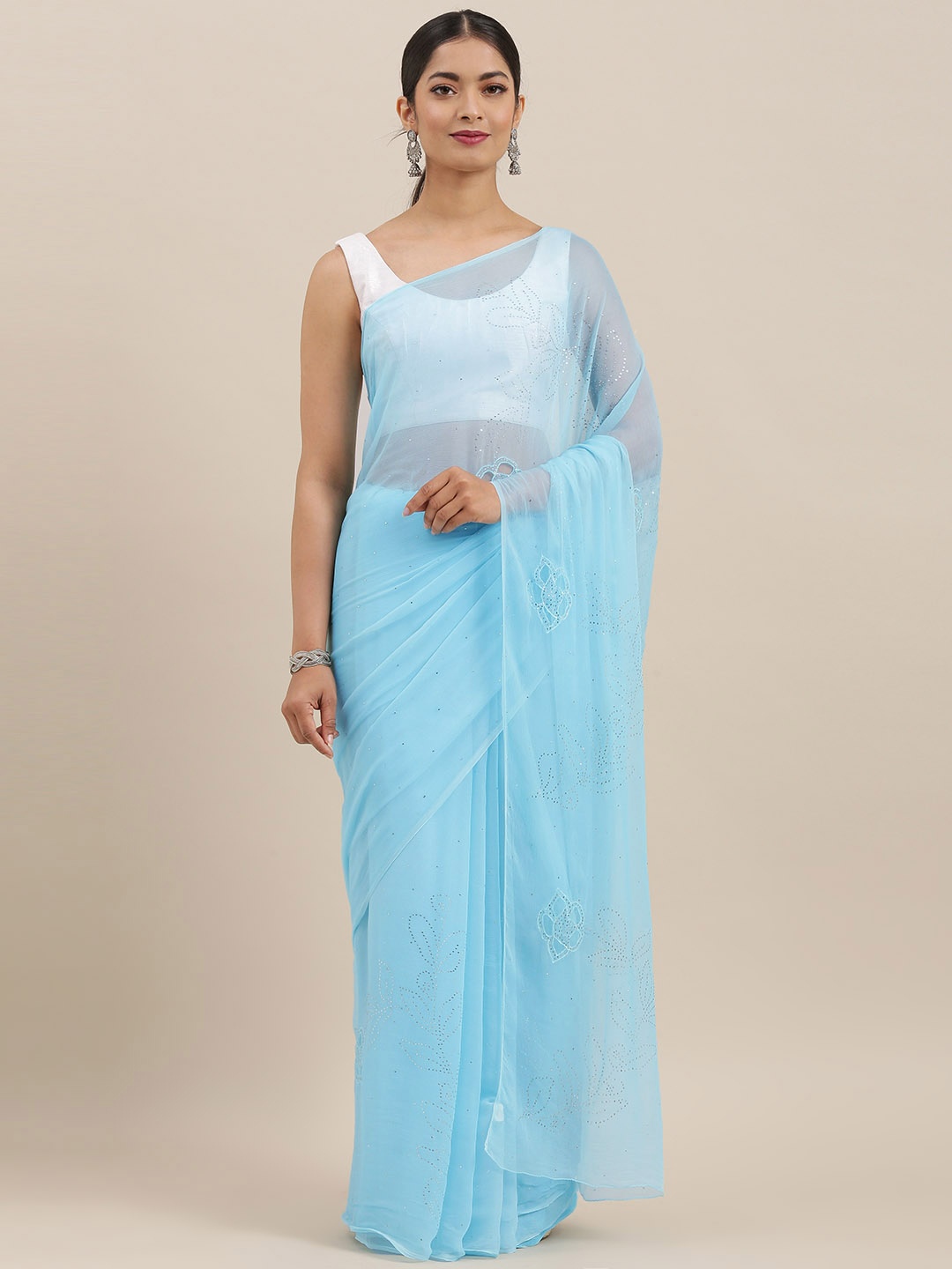 

Geroo Jaipur Hand Embroidered Blue Mukaish Chiffon Sustainable Saree