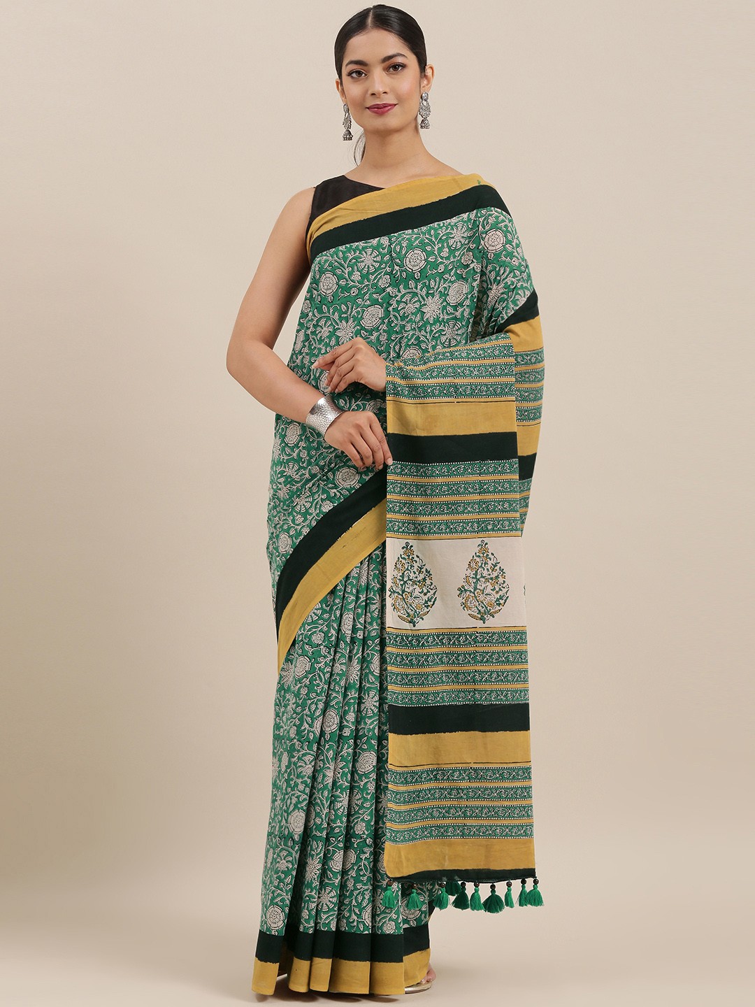 

Geroo Jaipur Black & Mustard Yellow Bagru Hand Block Printed Pure Cotton Sustainable Saree, Green