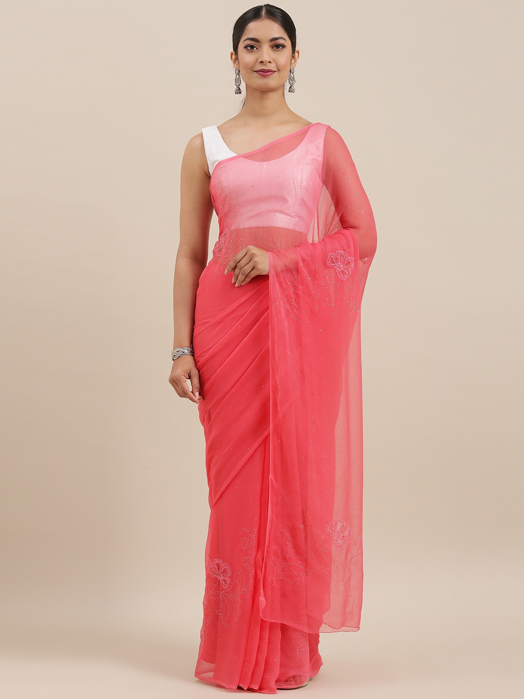 

Geroo Jaipur Hand Embroidered Pink Mukaish Chiffon Sustainable Saree