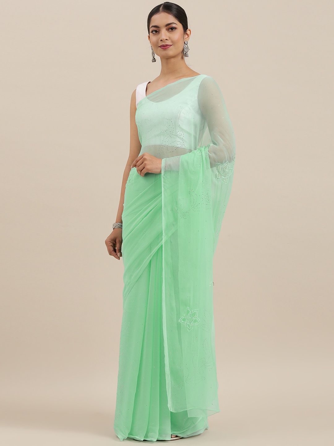 

Geroo Jaipur Hand Embroidered Sea Green Mukaish Chiffon Sustainable Saree