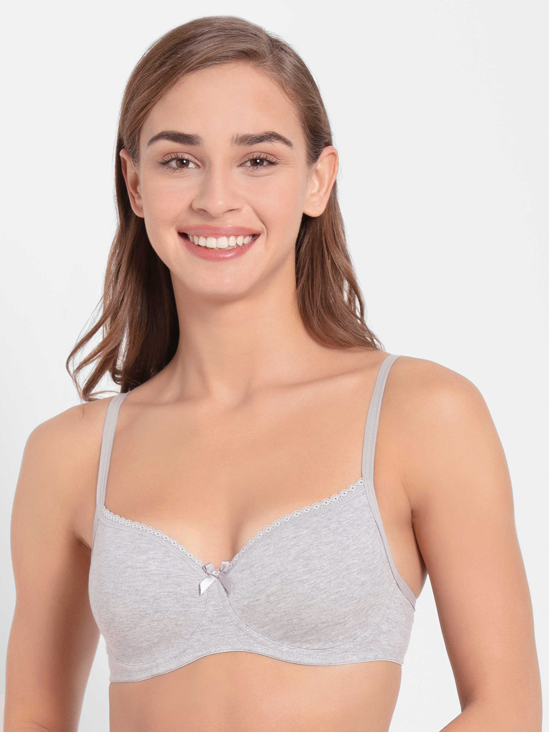 

Jockey Wirefree Padded Cotton Stretch Medium Coverage Lace Styling T-Shirt Bra 1723, Grey melange