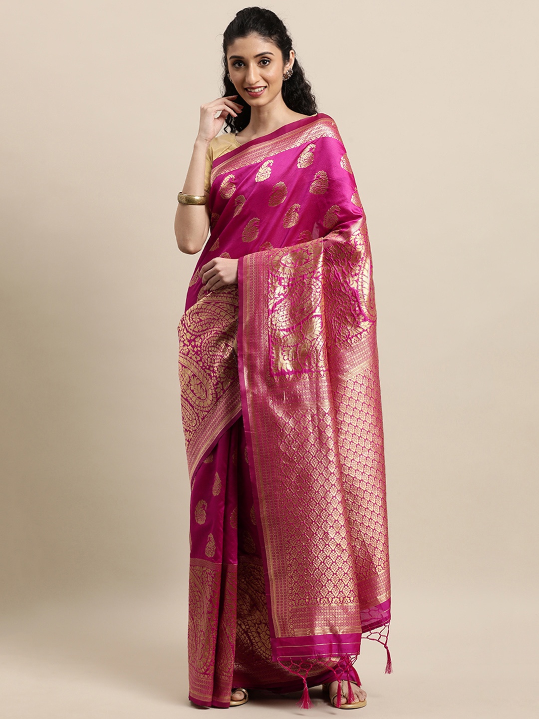 

Mitera Pink & Gold-Toned Woven Design Zari Silk Blend Banarasi Saree