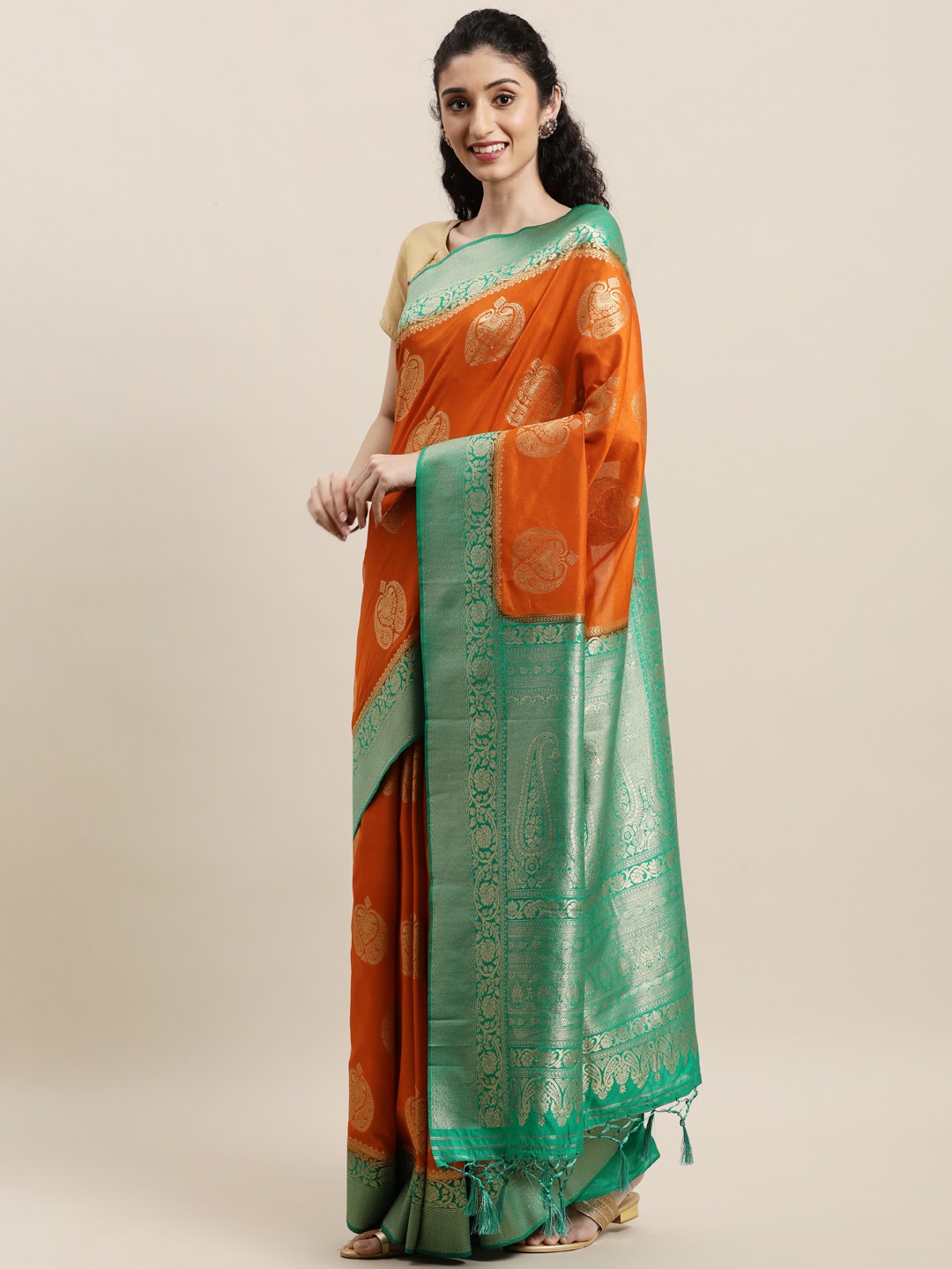 

Mitera Orange & Navy Blue Woven Design Zari Silk Blend Banarasi Saree