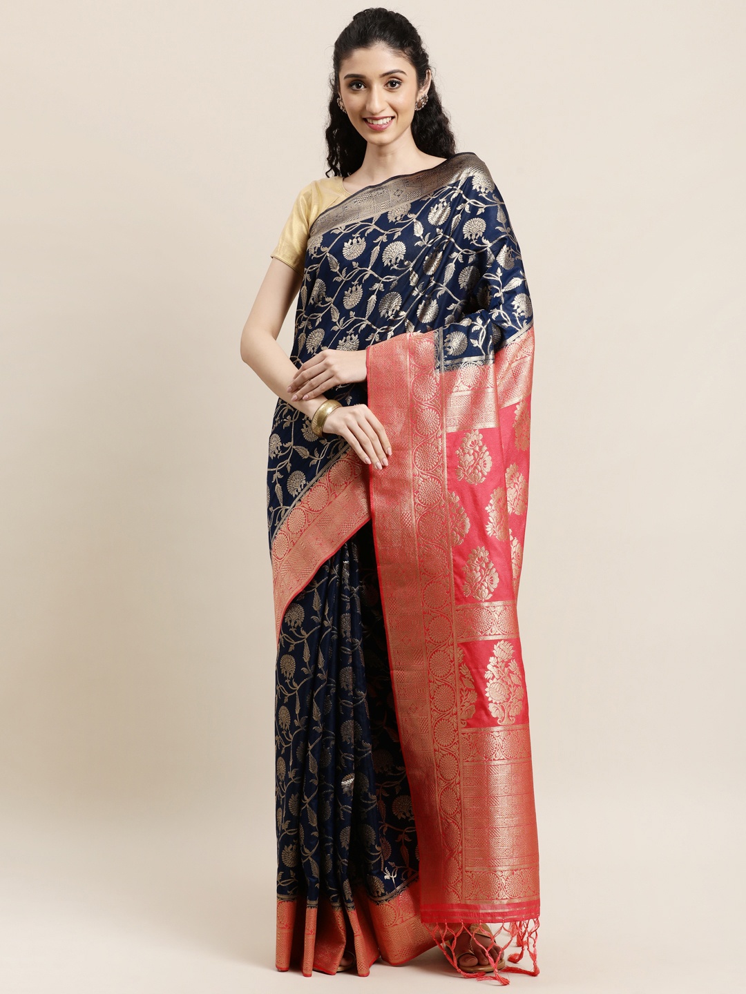 

Mitera Navy Blue & Pink Woven Design Zari Silk Blend Banarasi Saree