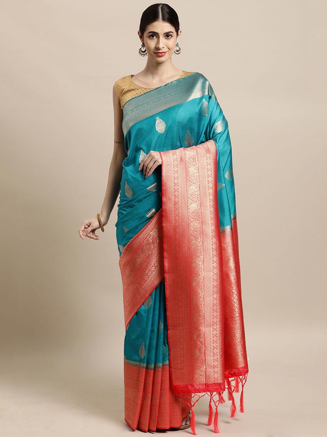 

Mitera Turquoise Blue & Coral Ethnic Motifs Zari Silk Blend Banarasi Saree