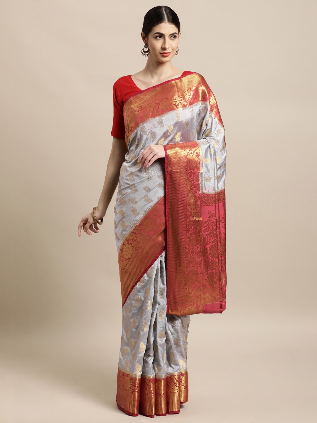 

Mitera Grey Melange & Red Woven Design Zari Silk Blend Banarasi Saree
