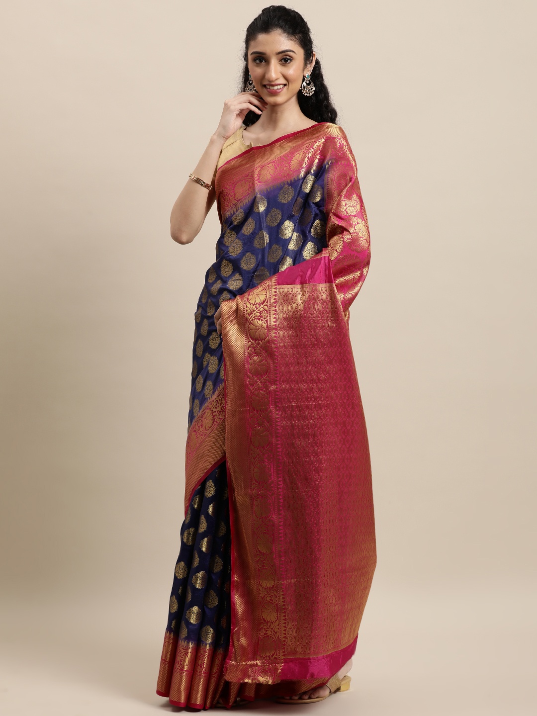 

Mitera Navy Blue & Pink Woven Design Zari Silk Blend Banarasi Saree