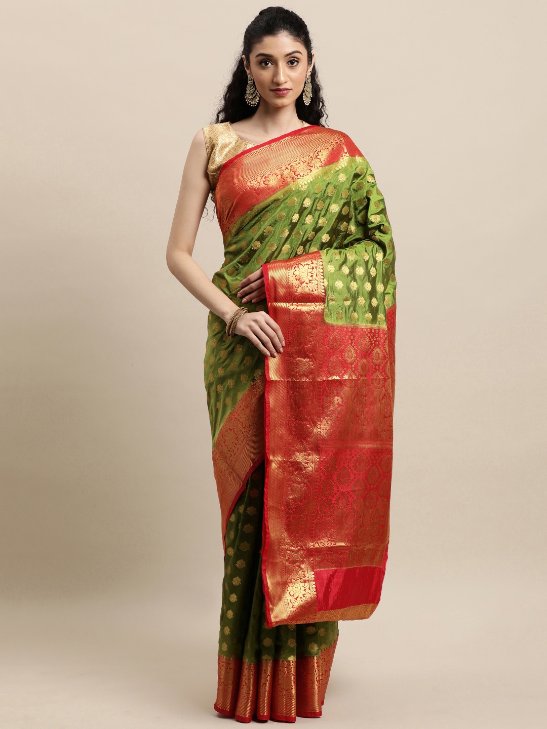 

Mitera Olive Green & Red Woven Design Zari Silk Blend Banarasi Saree