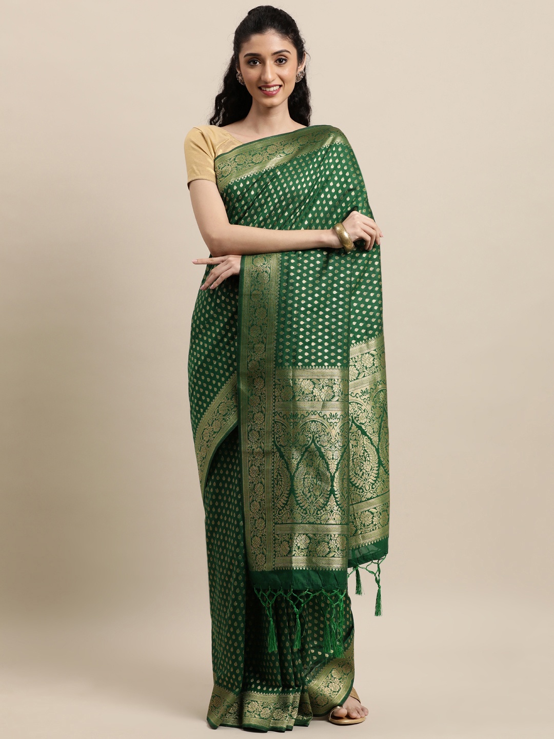 Mitera Green Woven Design Zari Silk Blend Banarasi Saree