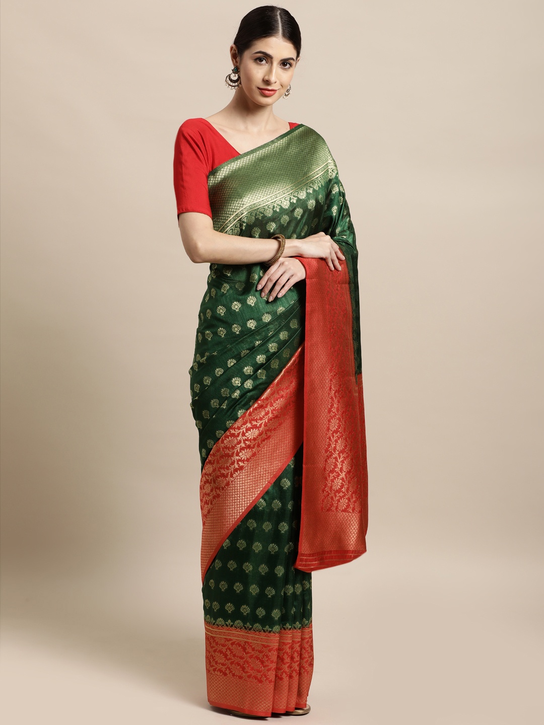 

Mitera Green & Red Ethnic Motifs Zari Silk Blend Banarasi Saree