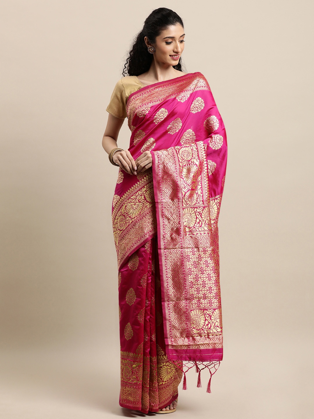 

Mitera Pink & Gold-Toned Woven Design Zari Silk Blend Banarasi Saree