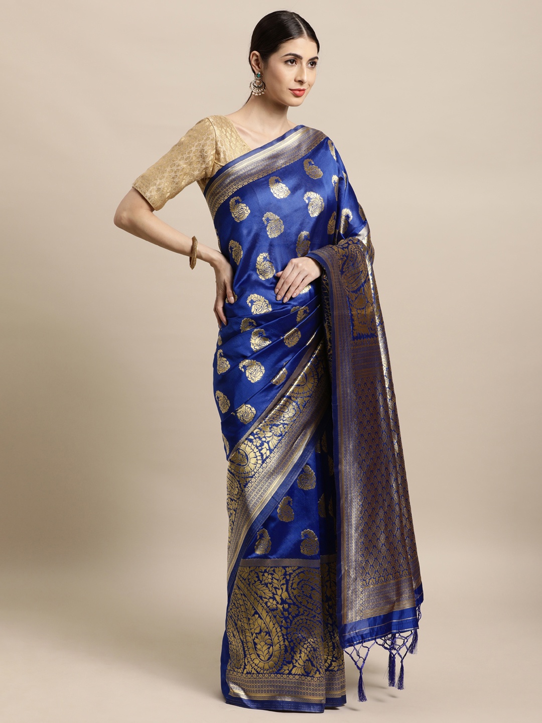 

Mitera Blue & Gold-Toned Woven Design Zari Silk Blend Banarasi Saree