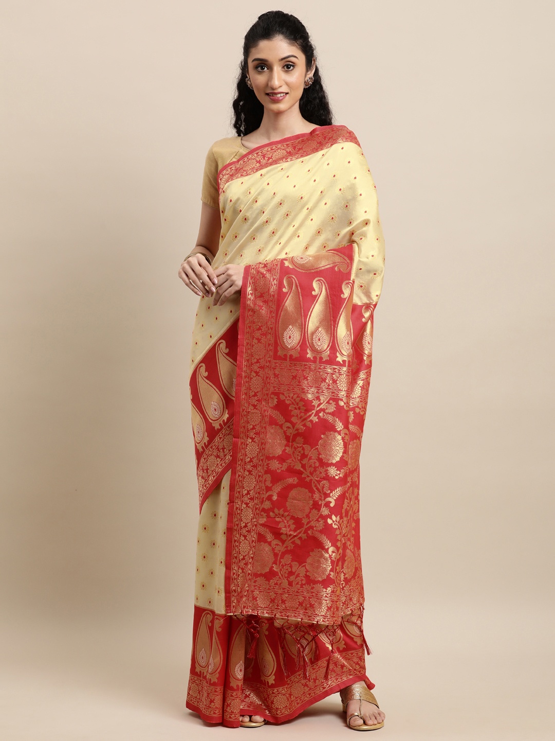 

Mitera Beige & Coral Woven Design Zari Silk Blend Banarasi Saree