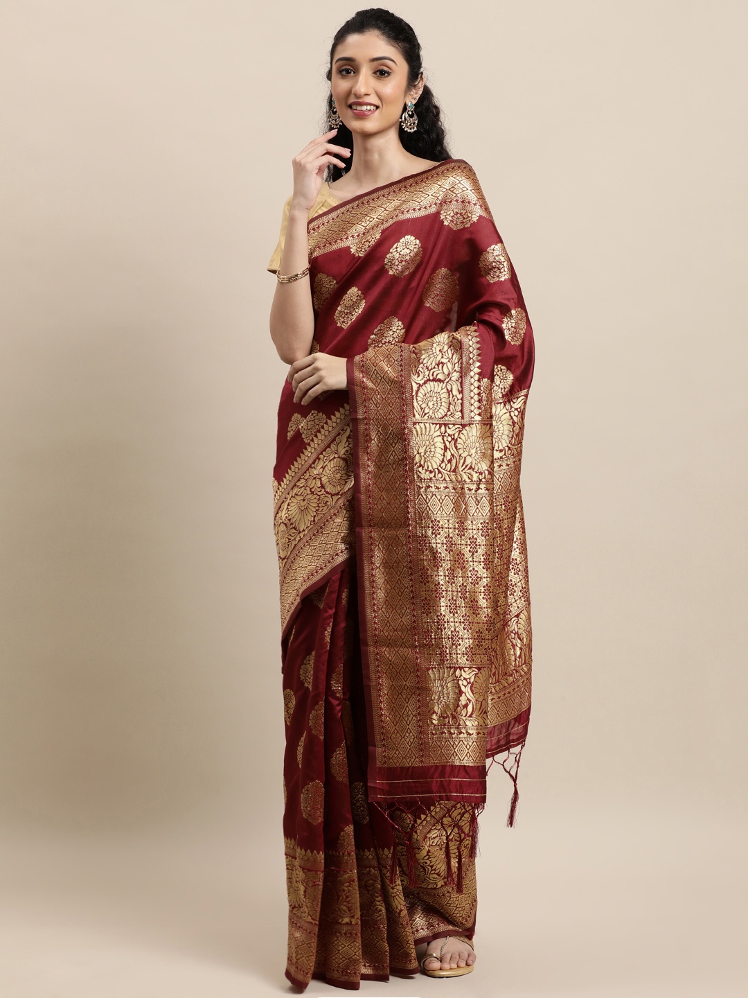 

Mitera Maroon & Gold-Toned Ethnic Motifs Zari Silk Blend Banarasi Saree