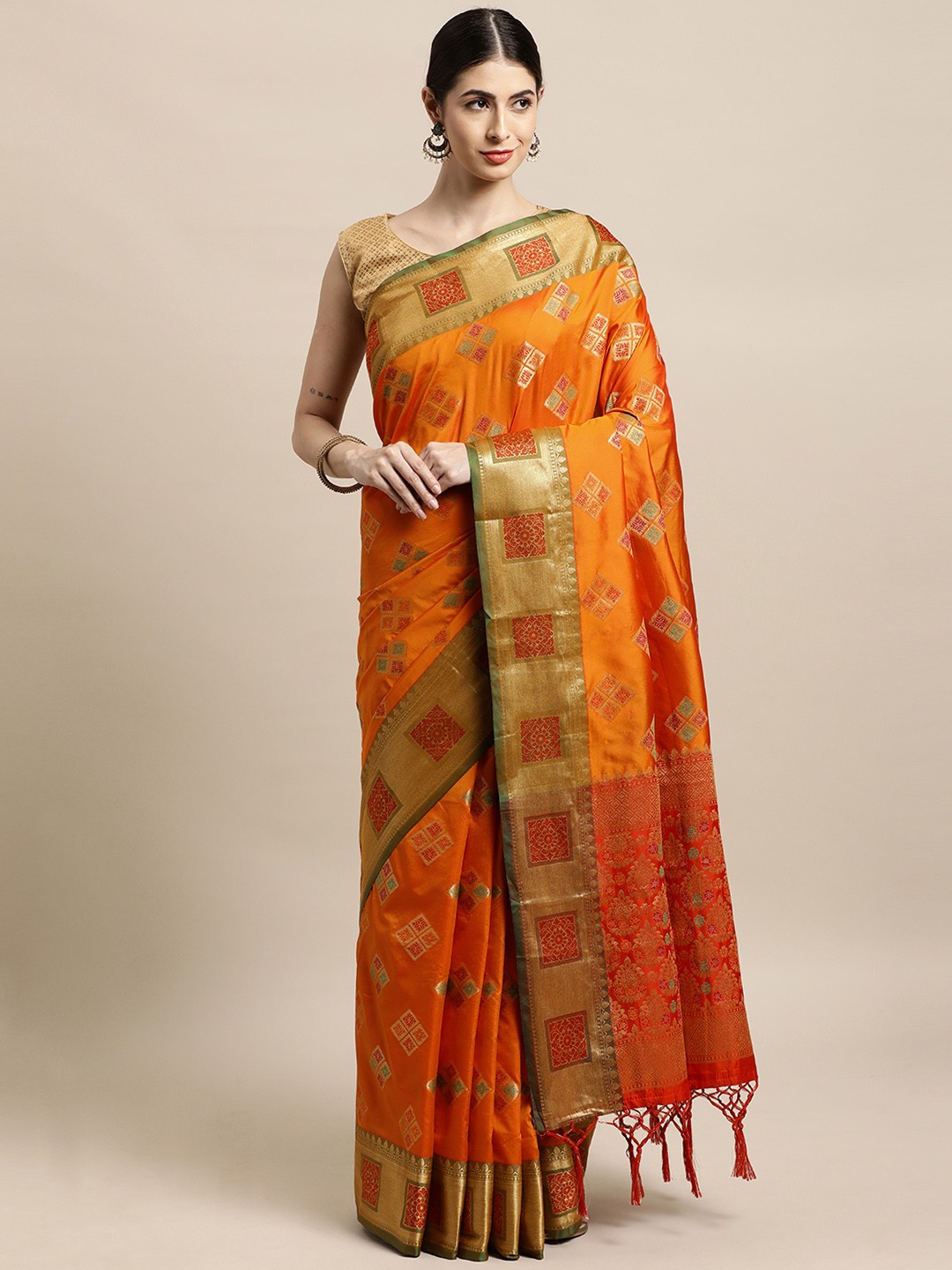 

Mitera Orange & Gold-Toned Zari Silk Blend Banarasi Saree