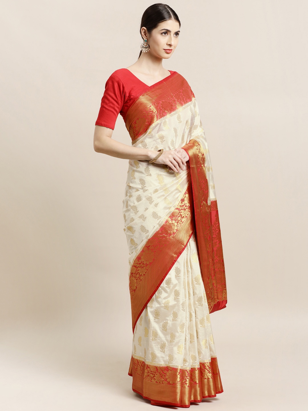 Mitera Off White & Red Woven Design Zari Silk Blend Banarasi Saree