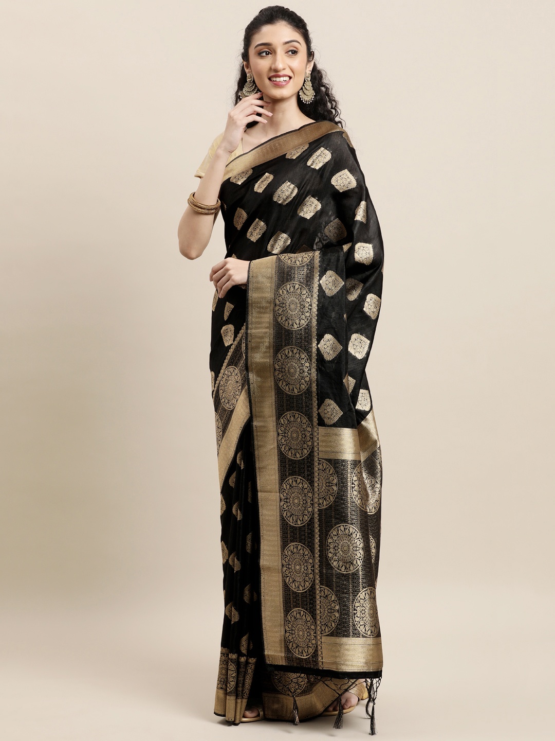 

Mitera Black & Gold-Toned Woven Design Zari Silk Blend Banarasi Saree
