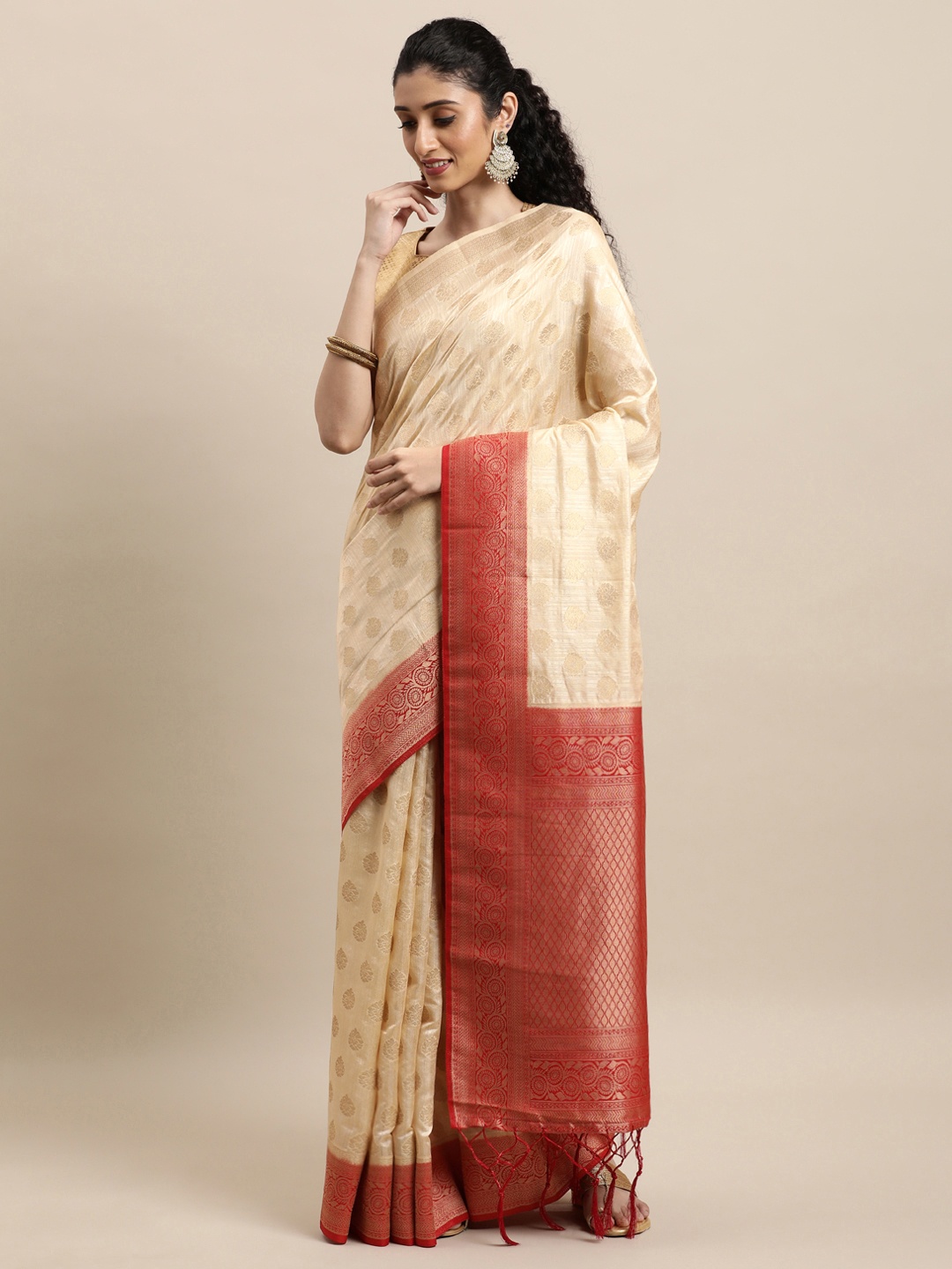 Mitera Off White & Red Woven Design Zari Silk Blend Banarasi Saree