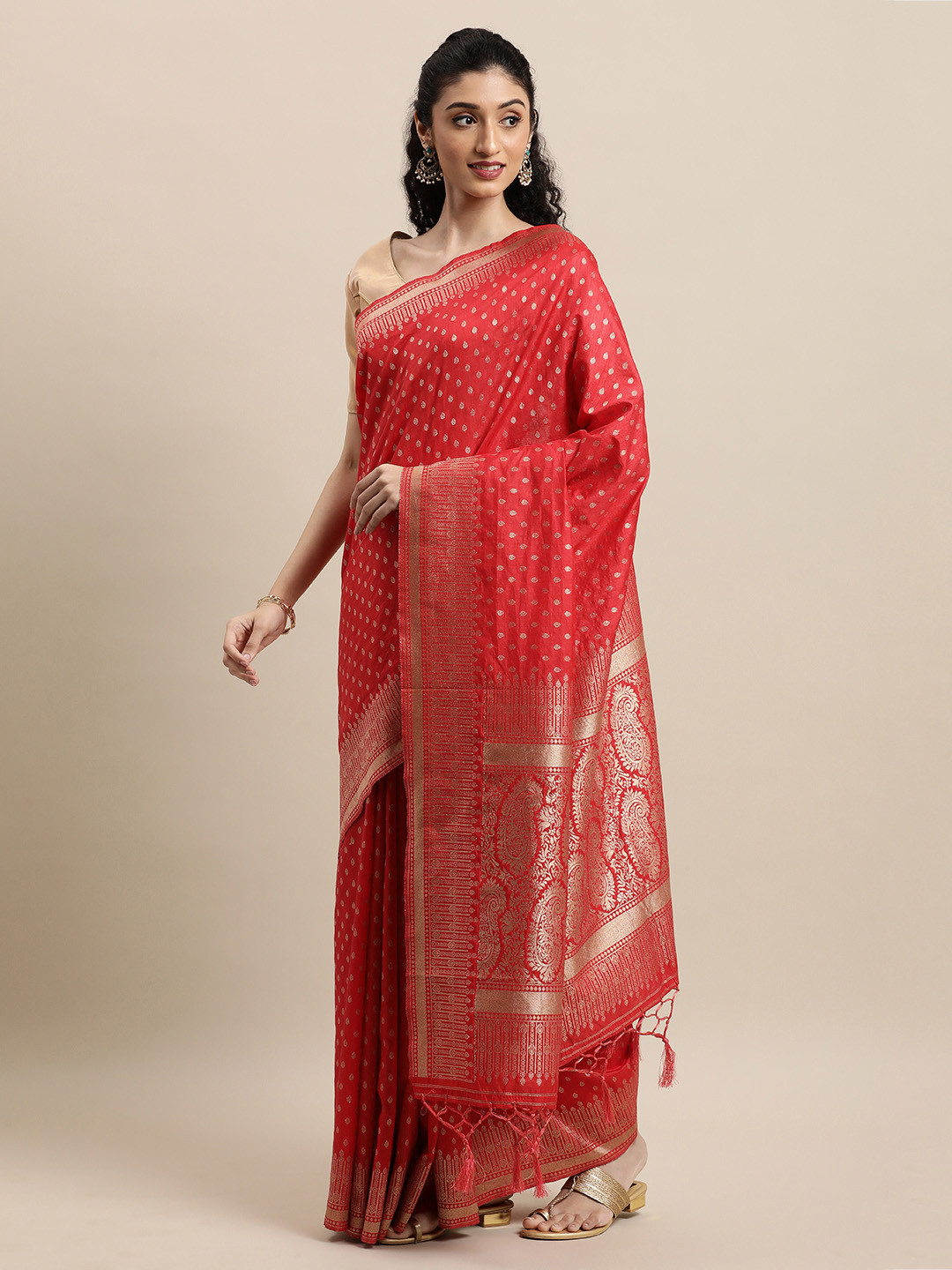 

Mitera Red Woven Design Zari Silk Blend Banarasi Saree
