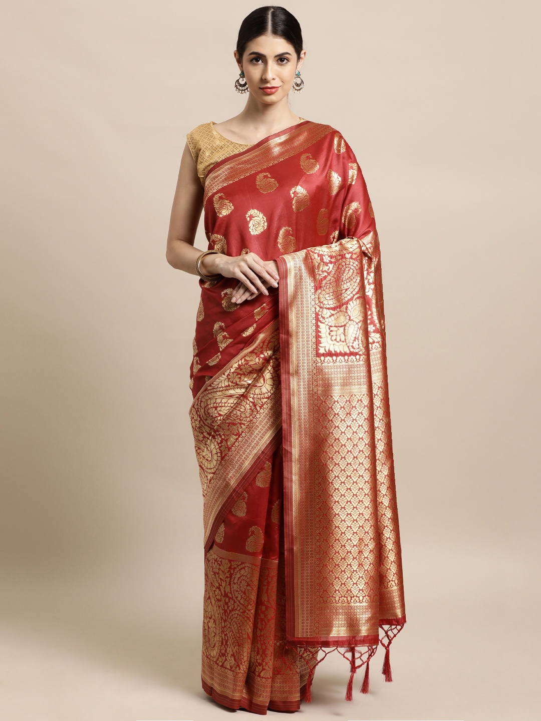 

Mitera Red & Gold-Toned Paisley Zari Silk Blend Banarasi Saree