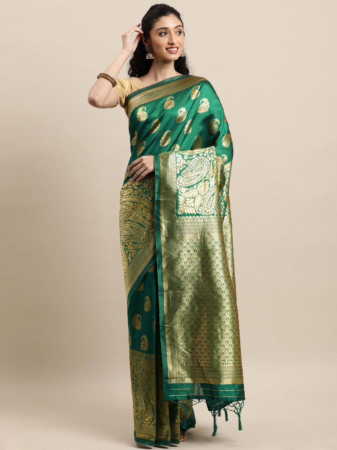 

Mitera Green & Gold-Toned Woven Design Zari Silk Blend Banarasi Saree