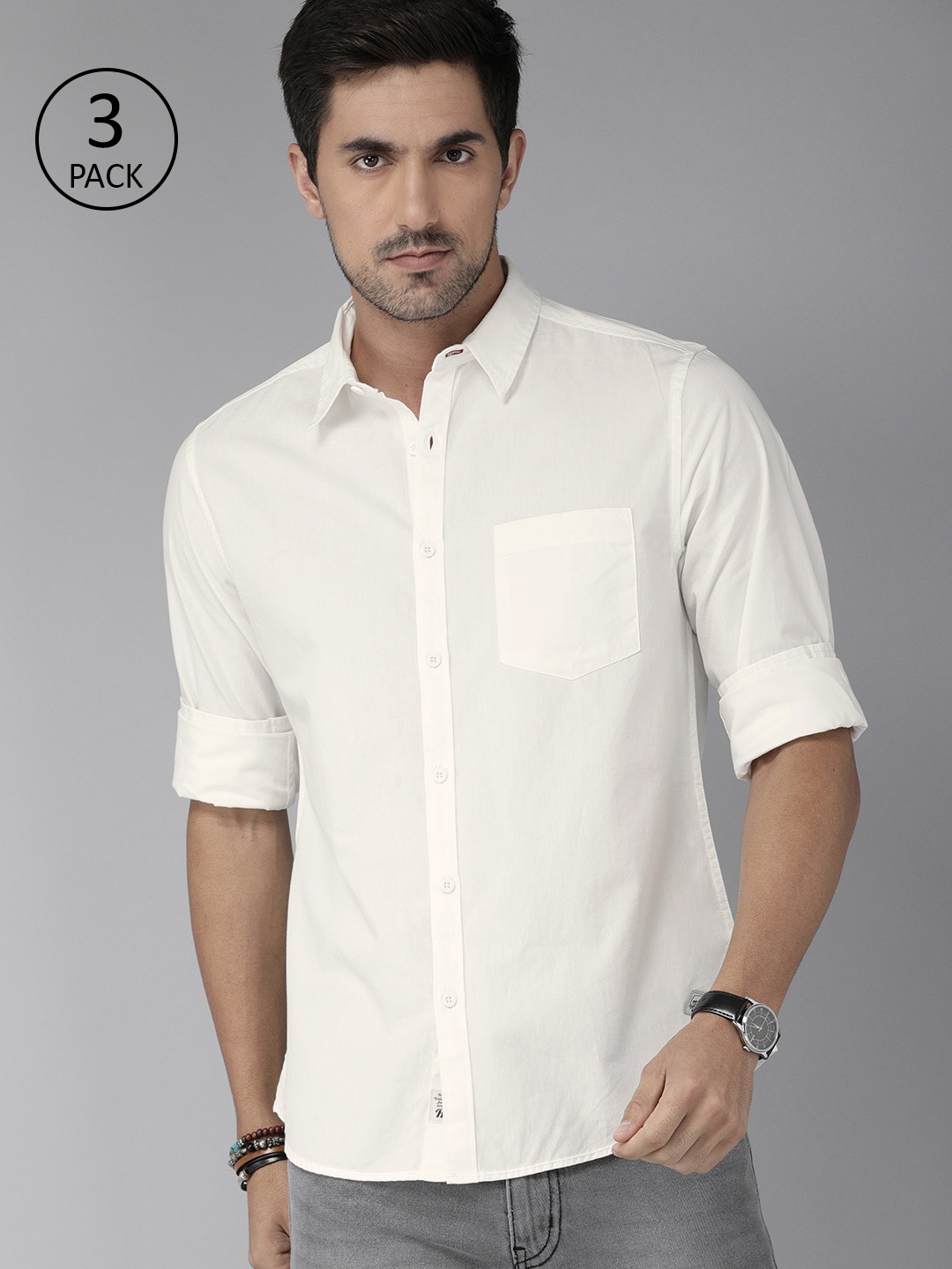 

Roadster Men Pack of 3 White Regular Fit Solid Casual Shirt