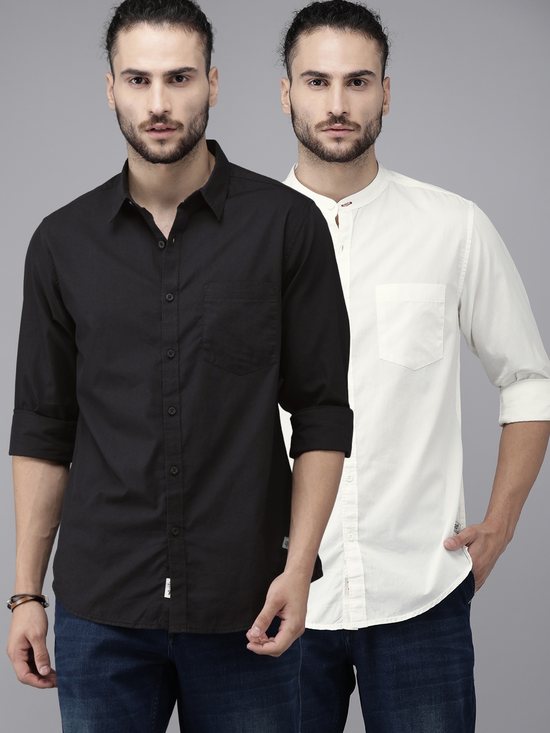 

Roadster Men Pack of 2 Black & Off-White Regular Fit Solid Casual Shirt