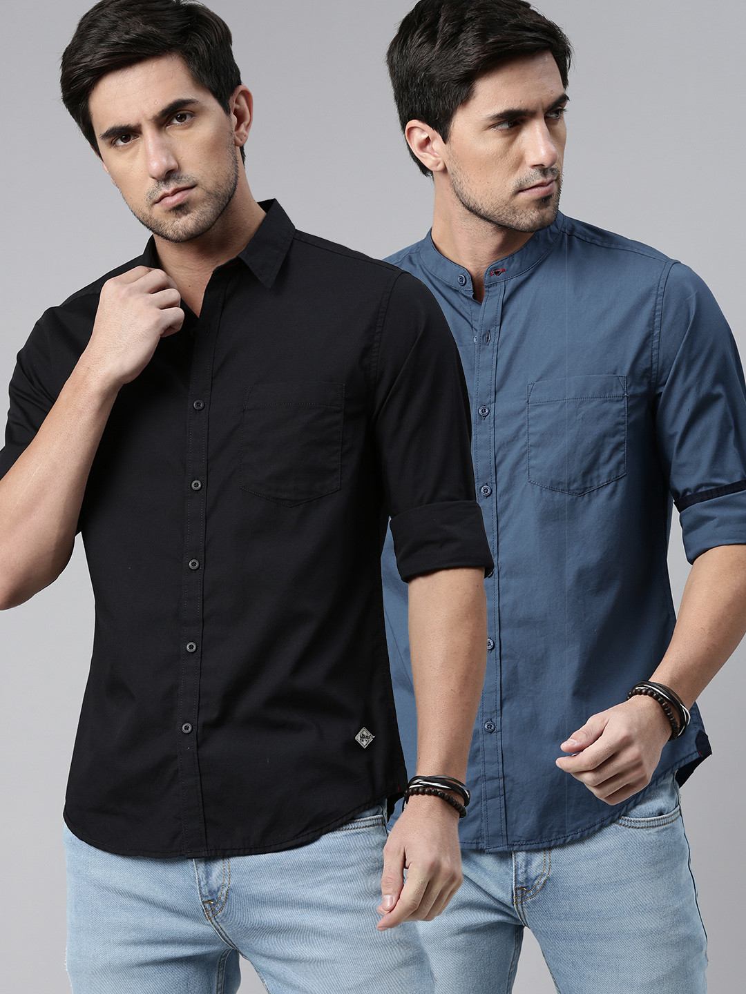 

Roadster Men Pack of 2 Black & Blue Regular Fit Solid Sustainable Casual Shirt
