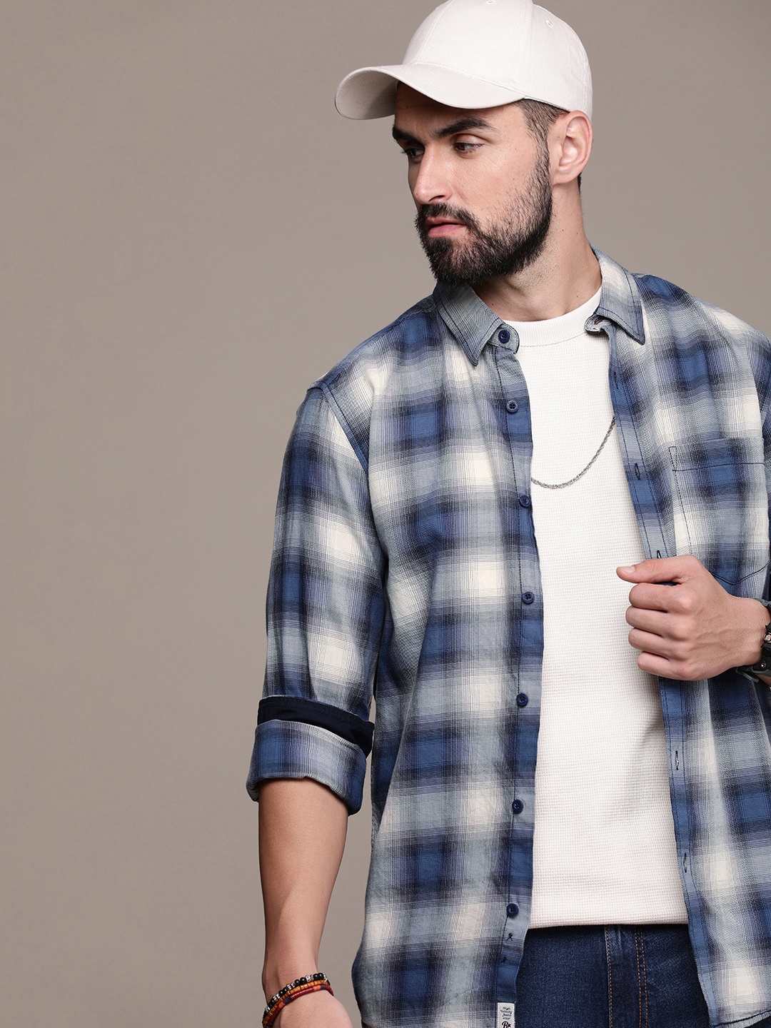 

The Roadster Life Co. Pure Cotton Checked Casual Shirt, Grey