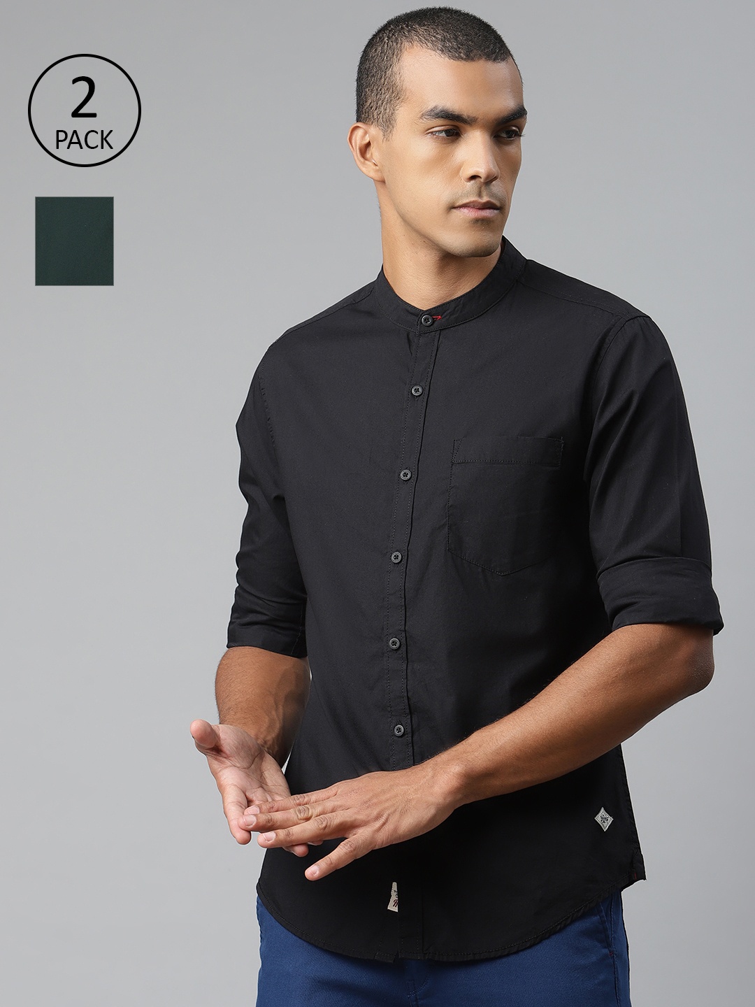 

Roadster Men Pack of 2 Regular Fit Solid Sustainable Casual Shirt, Black