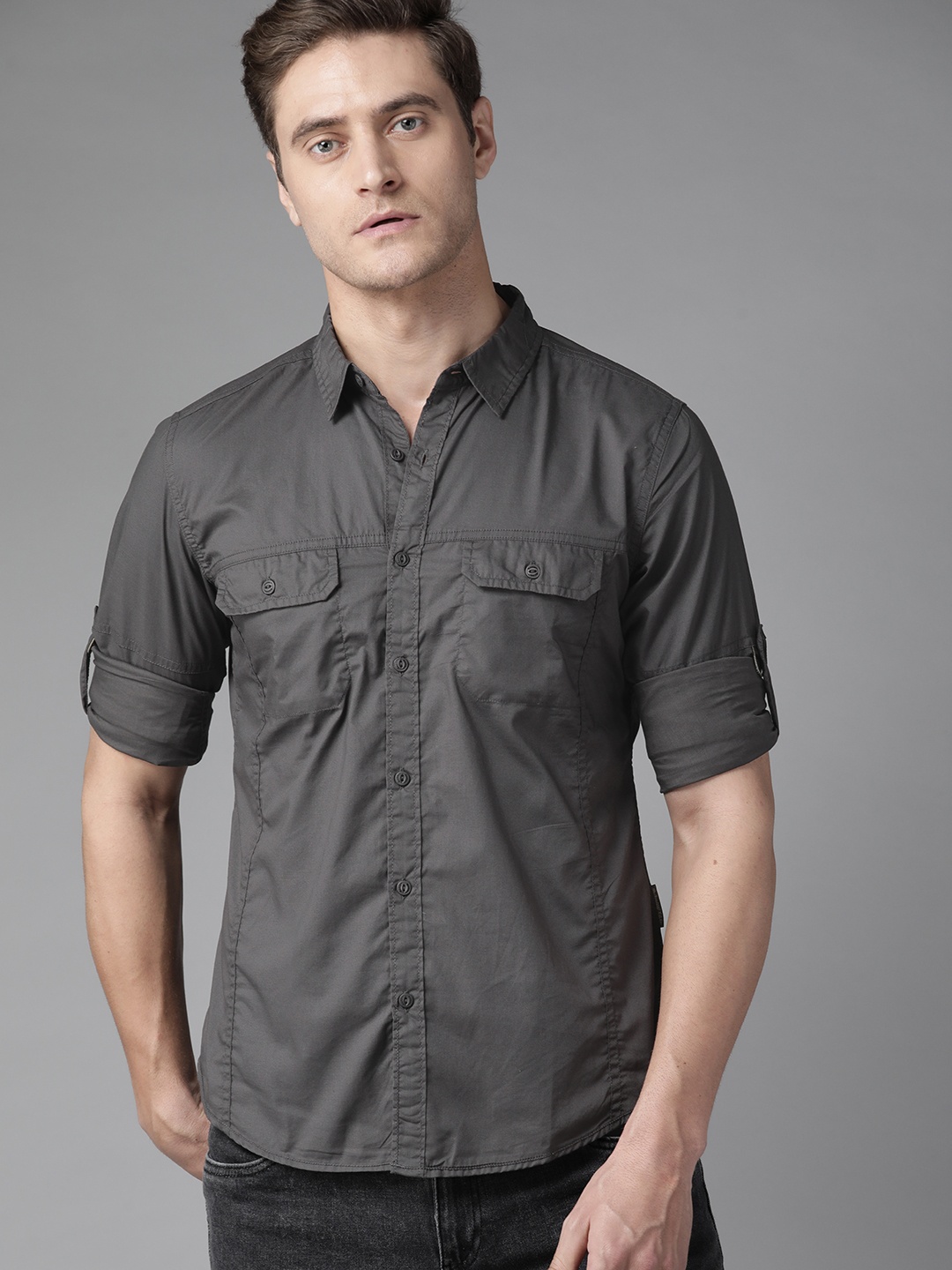 

Roadster x Discovery Adventures Men Charcoal Grey Solid Casual Overshirt