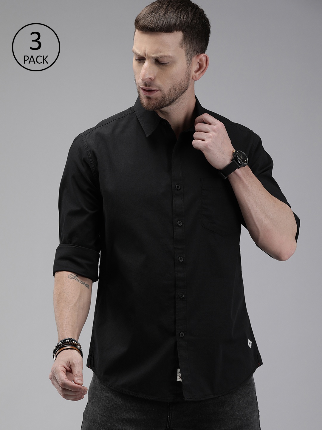 

Roadster Men Pack of Three Black Regular Fit Solid Casual Shirt