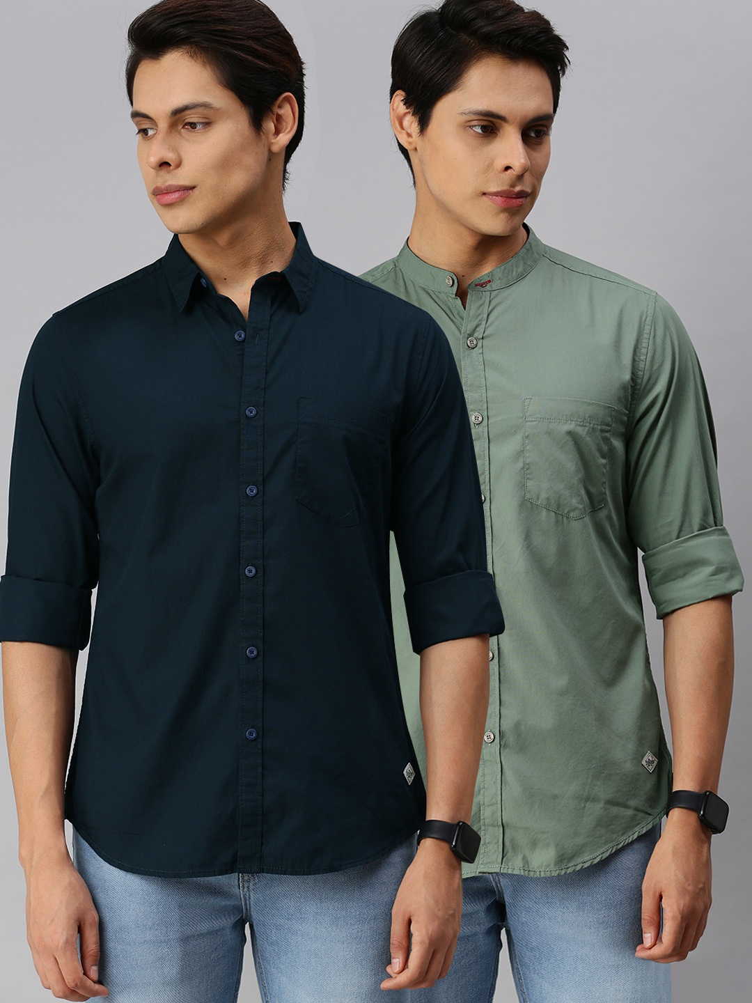 

Roadster Men Pack Of 2 Navy Blue & Olive Green Solid Sustainable Casual Shirt
