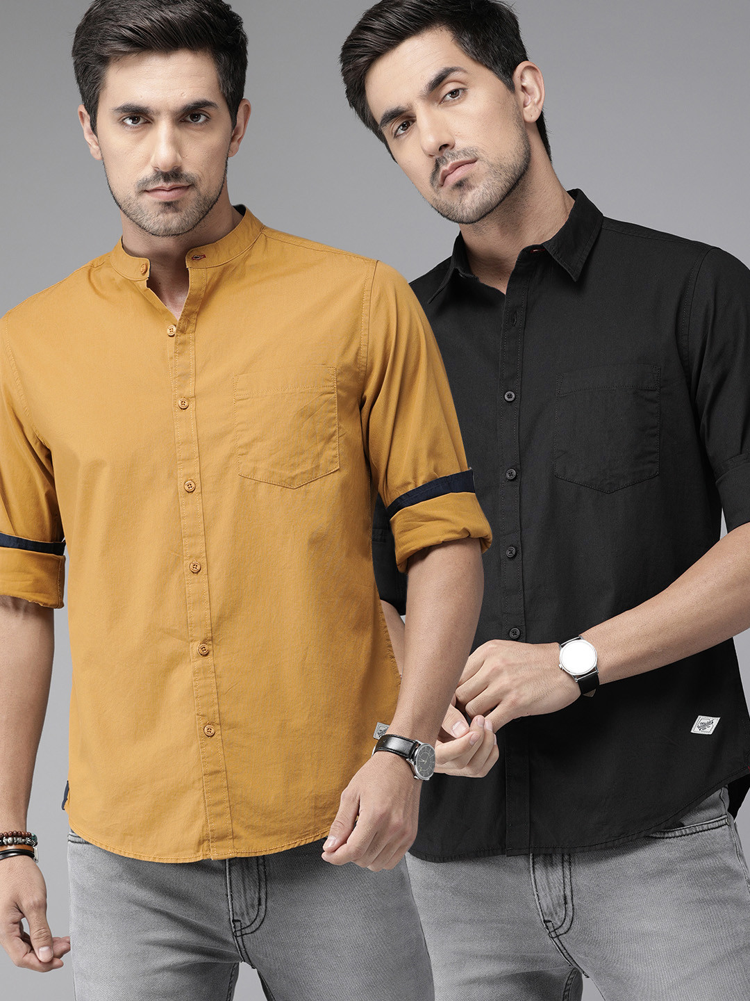 

Roadster Men Pack of 2 Mustard Yellow & Black Regular Fit Solid Sustainable Casual Shirt