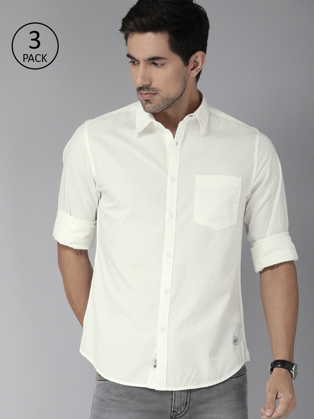 

Roadster Men Pack of 3 White Regular Fit Solid Casual Shirt