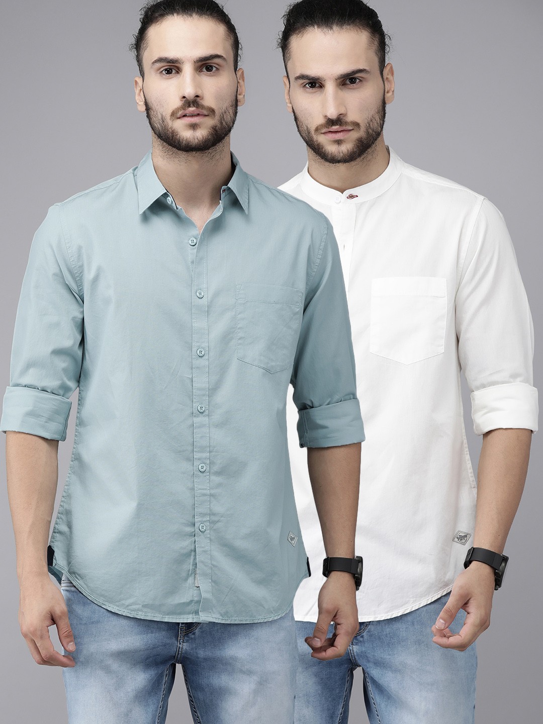 

Roadster Men Pack of 2 White & Blue Regular Fit Solid Sustainable Casual Shirt