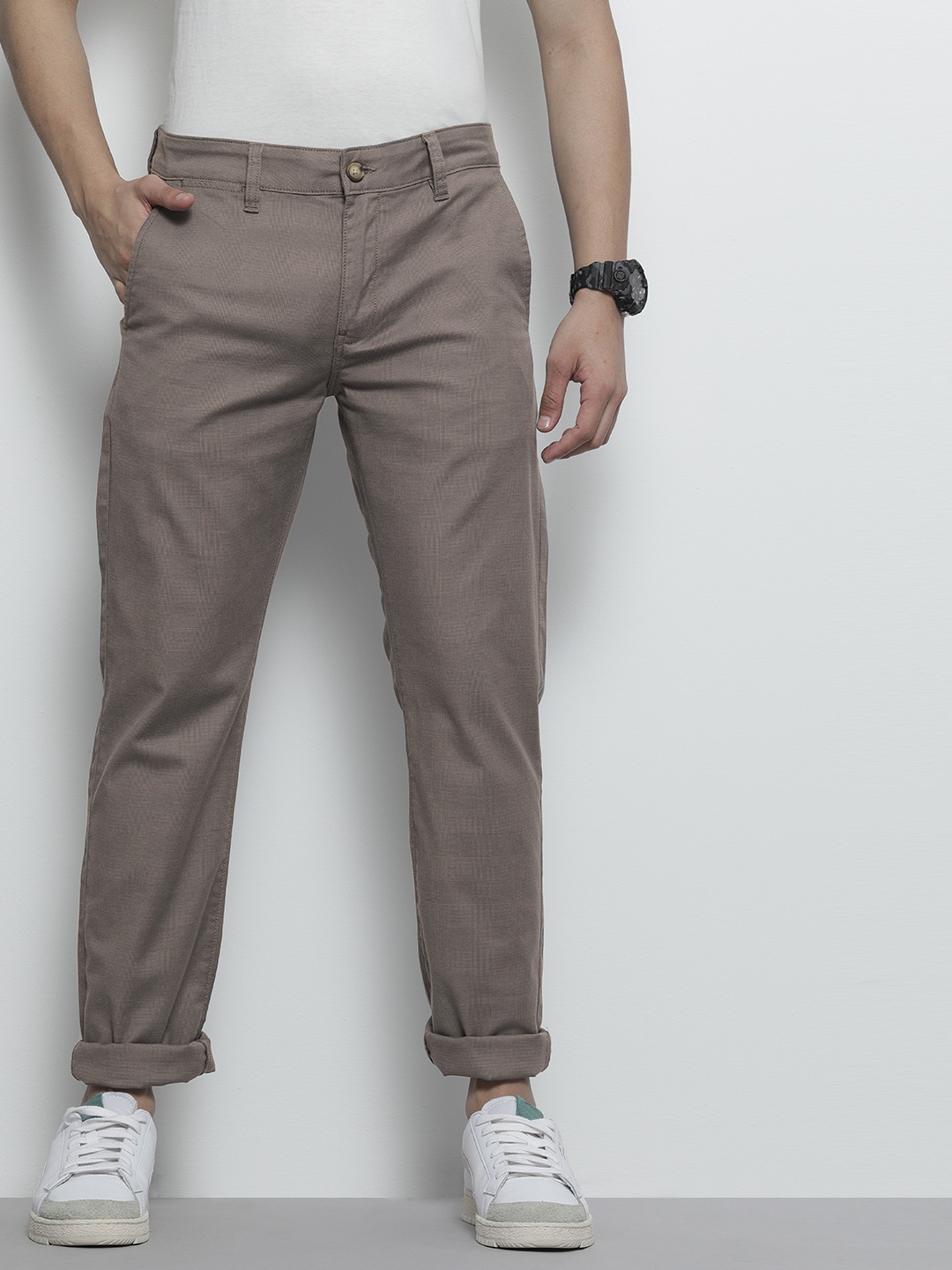 

Nautica Men Grey Textured Slim Fit Trousers