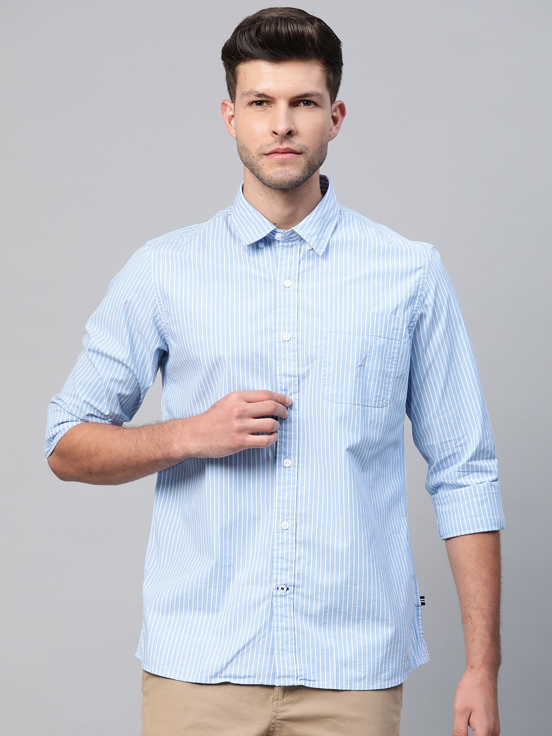 

Nautica Men Blue & White Slim Fit Striped Knitted Casual Shirt