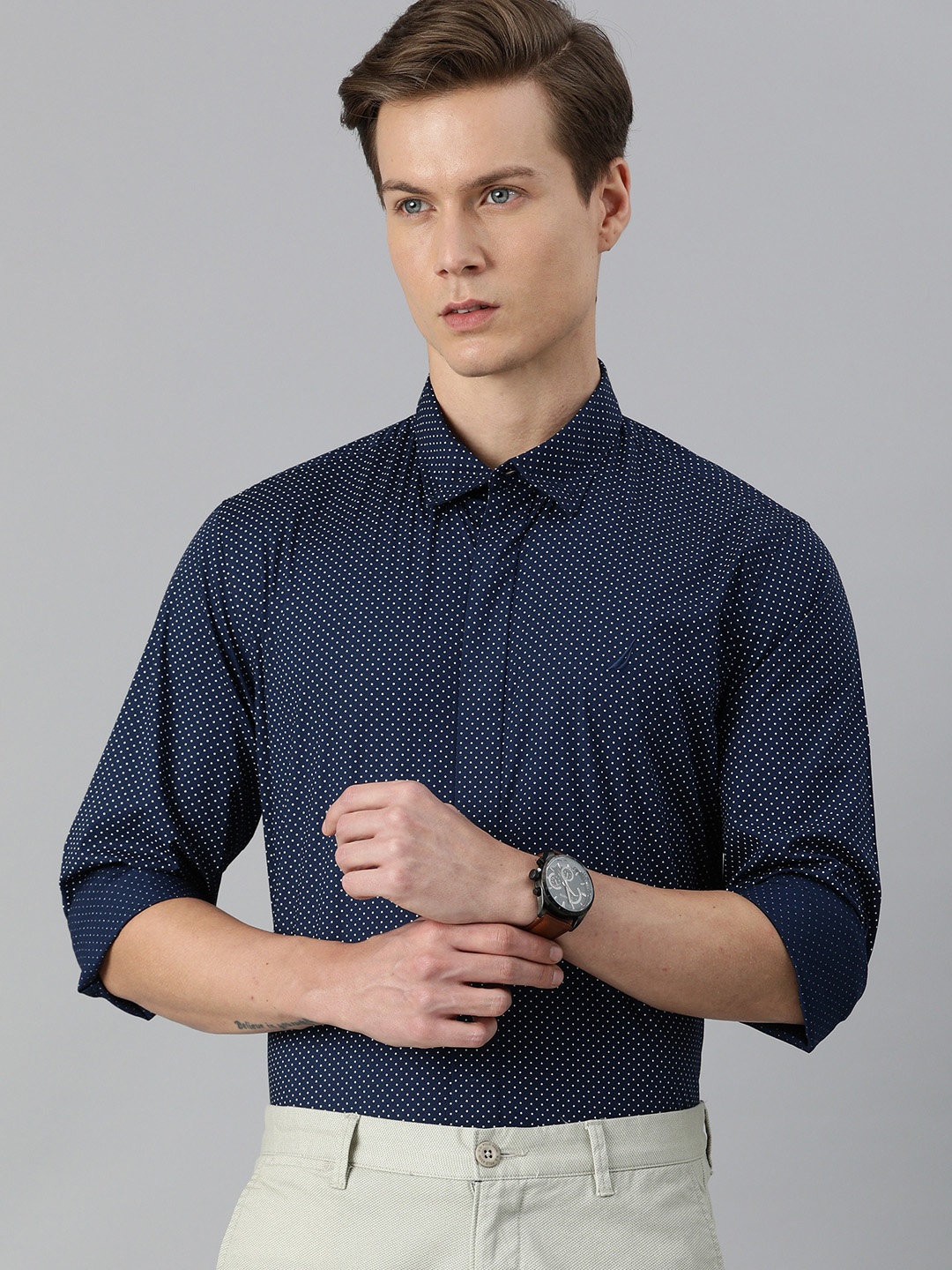 

Nautica Men Navy Blue & White Slim Fit Printed Smart Casual Shirt