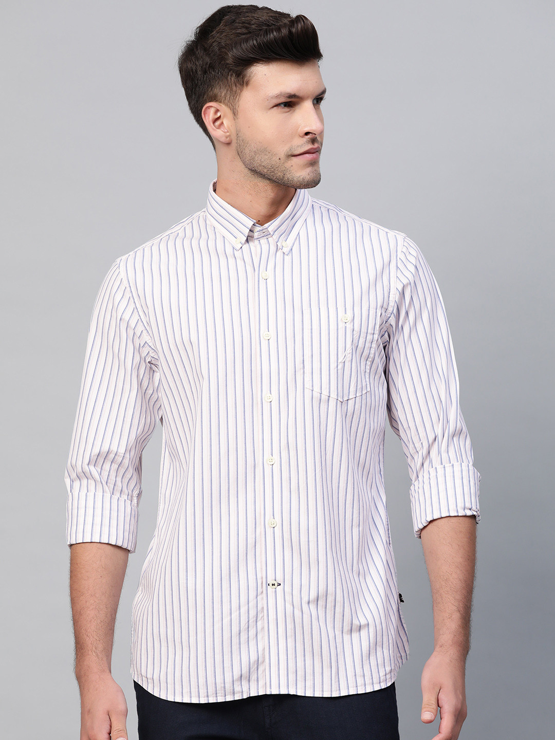 

Nautica Men White & Blue Slim Fit Striped Knitted Casual Shirt