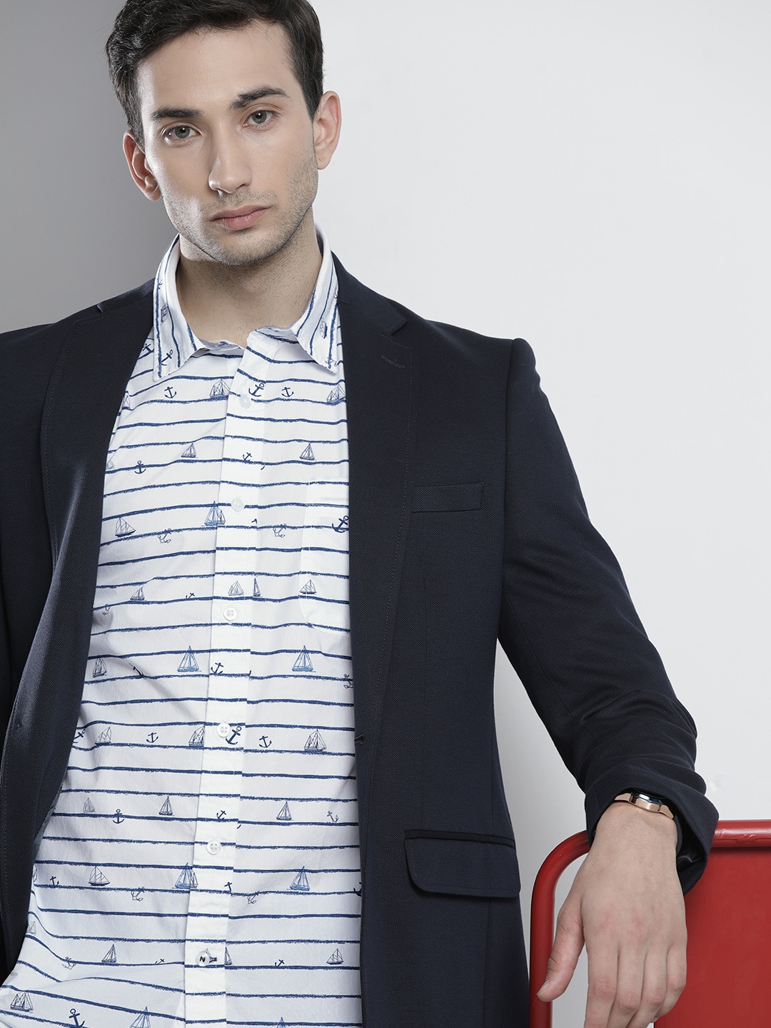 

Nautica Men White & Navy Blue Slim Fit Printed Casual Shirt