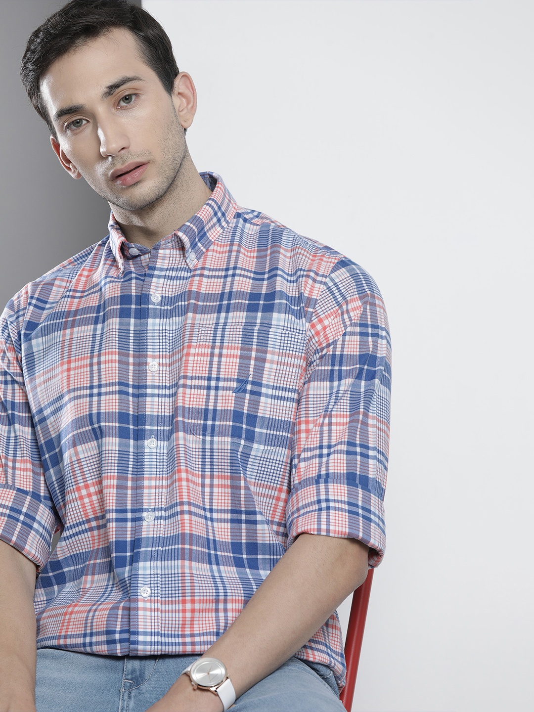 

Nautica Men Blue & Peach-Coloured Slim Fit Checked Casual Shirt