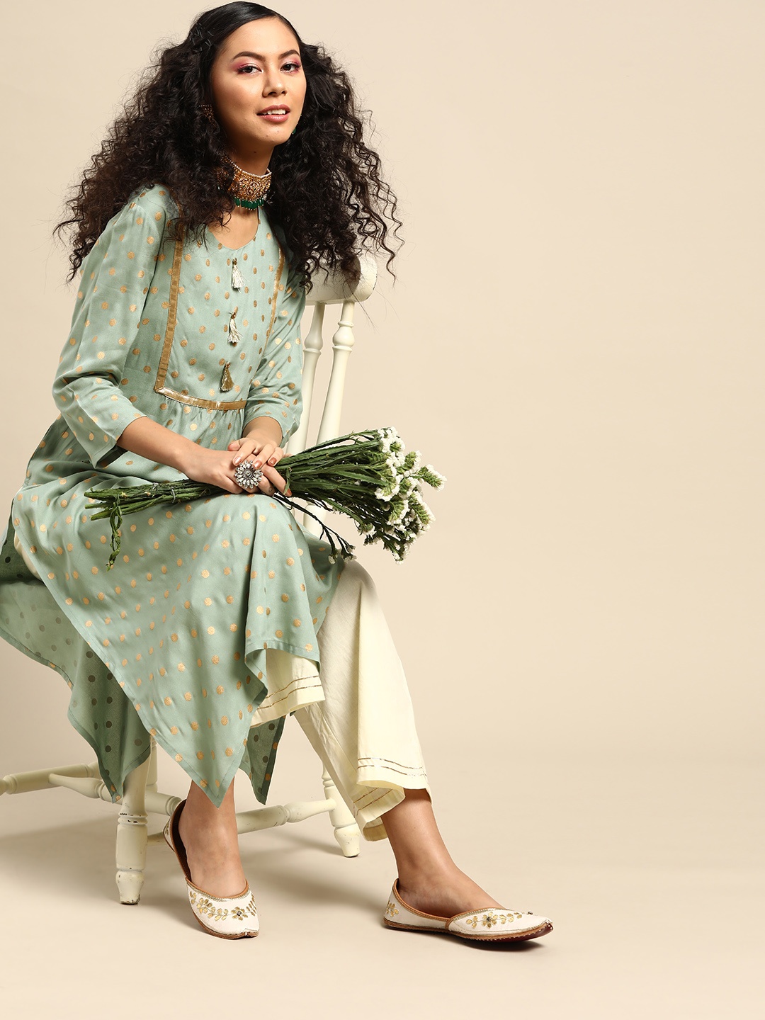 

Varanga Women Green And Golden Polka Dot Printed Kurta