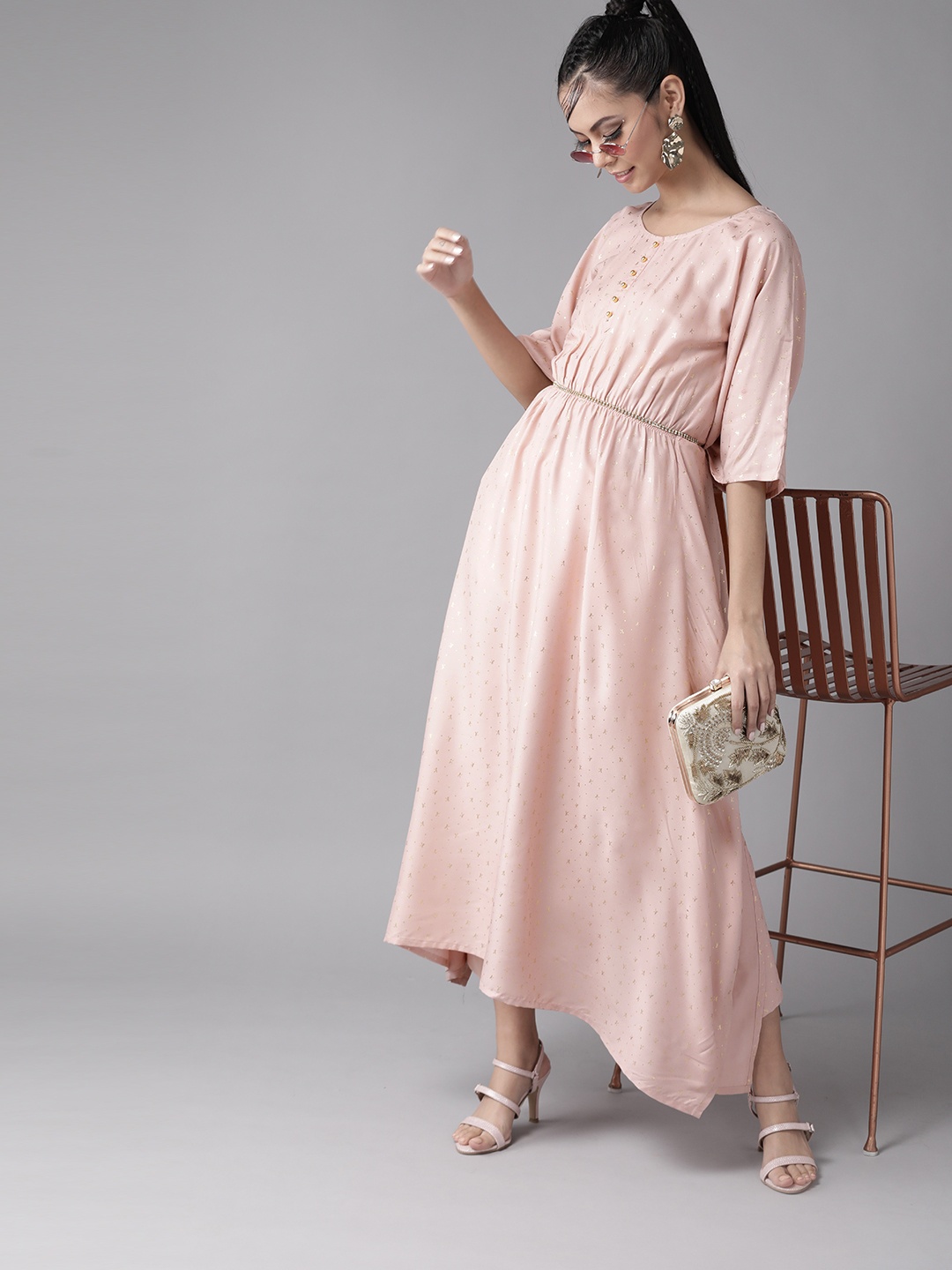 

Ahalyaa Women Peach-Colored Printed Flared Sleeves Kaftan Kurta