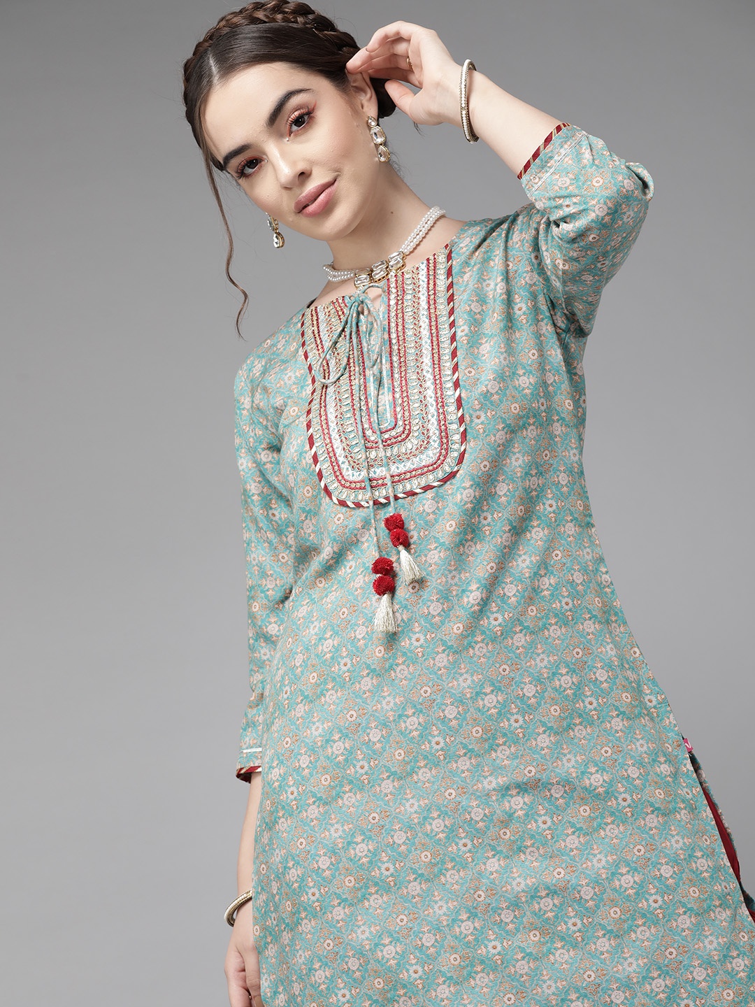 

Varanga Teal Blue Ethnic Motif Yoke Embroidered Print Kurta