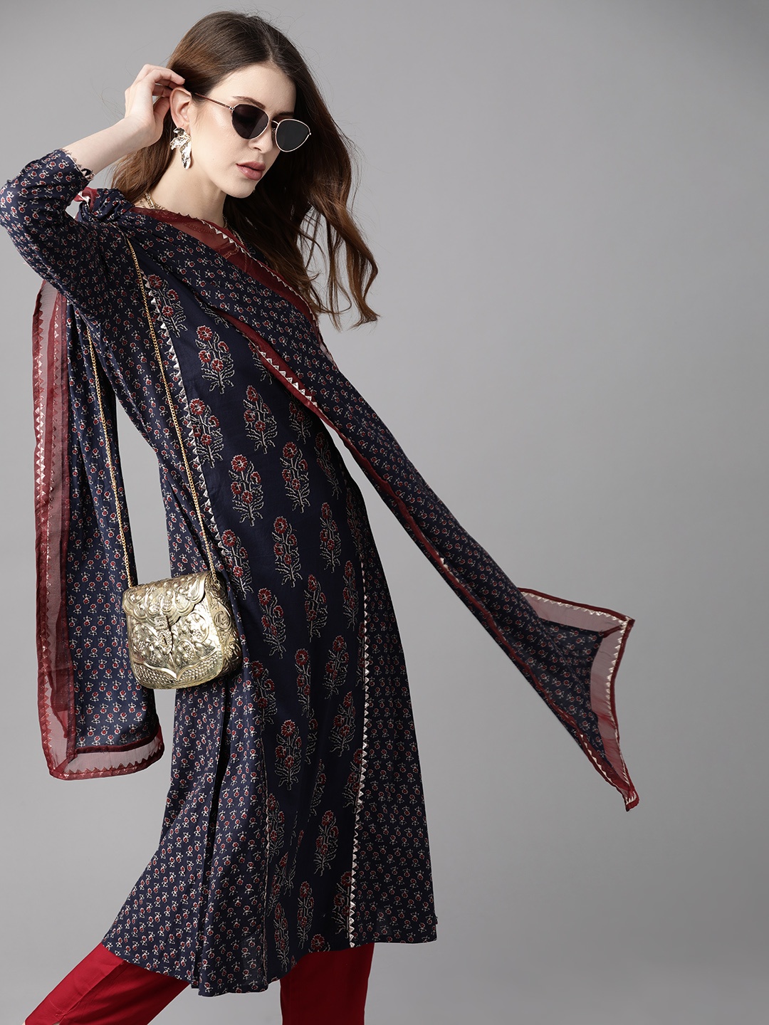

Indo Era Women Navy Blue & Maroon Printed Pure Cotton Kurta with Trousers & Dupatta
