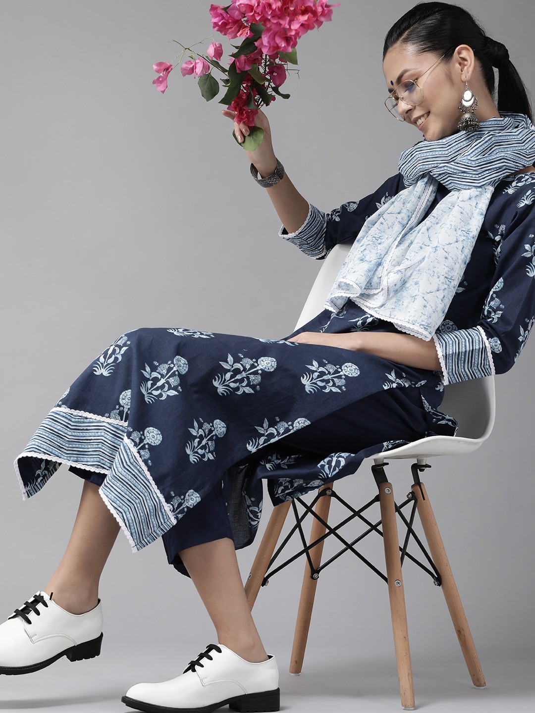 

Indo Era Women Navy Blue & White Printed Kurta with Trousers & Dupatta