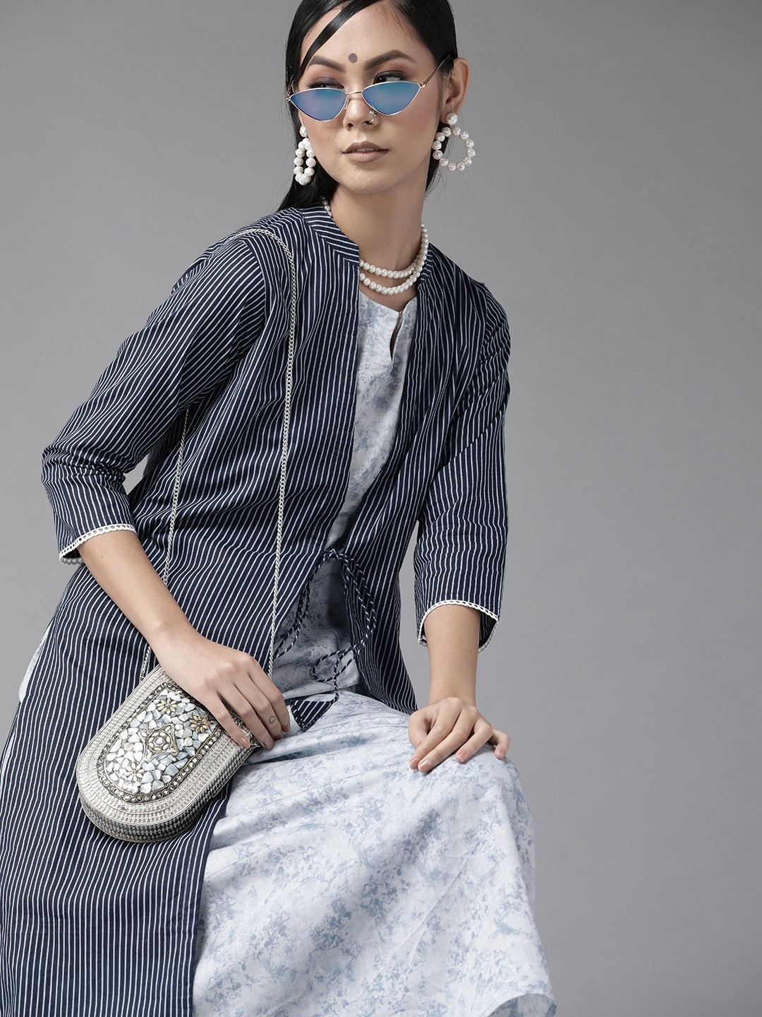 

Indo Era Women Blue & White Striped Keyhole Neck Kurta with Longline Jacket
