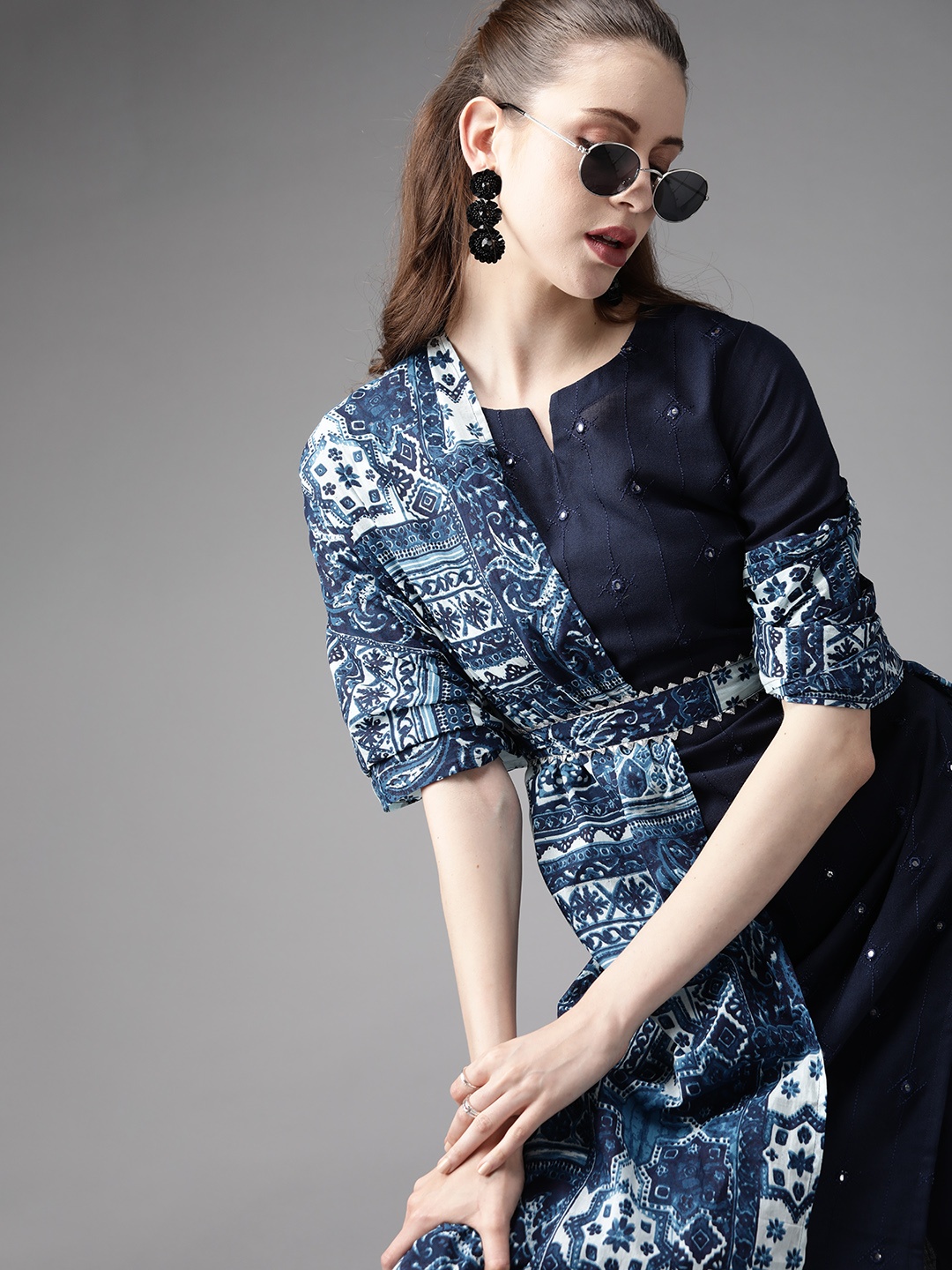 

Indo Era Women Navy Blue Mirror Work Kurta with Palazzos & Dupatta