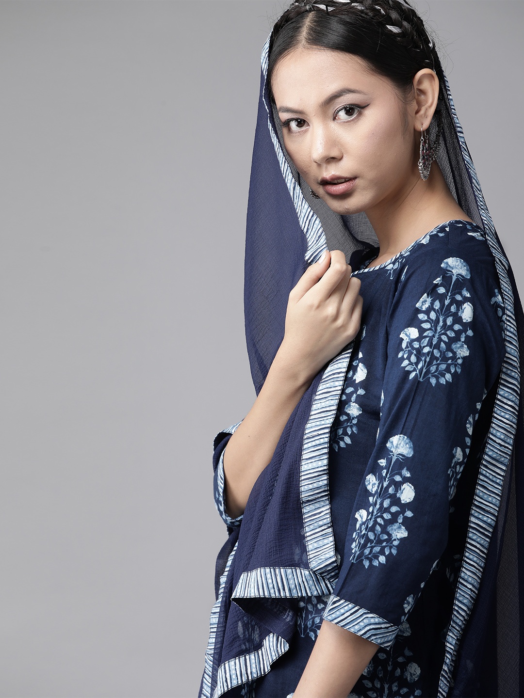 

Indo Era Women Blue Ethnic Motifs Print Pure Cotton Kurta with Palazzos & Dupatta
